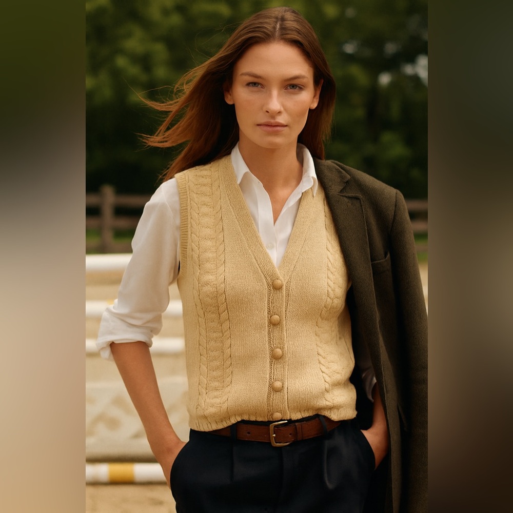 Handcrafted Women's Beige Cable Knit 100% Wool Sweater Vest Neutral Beige